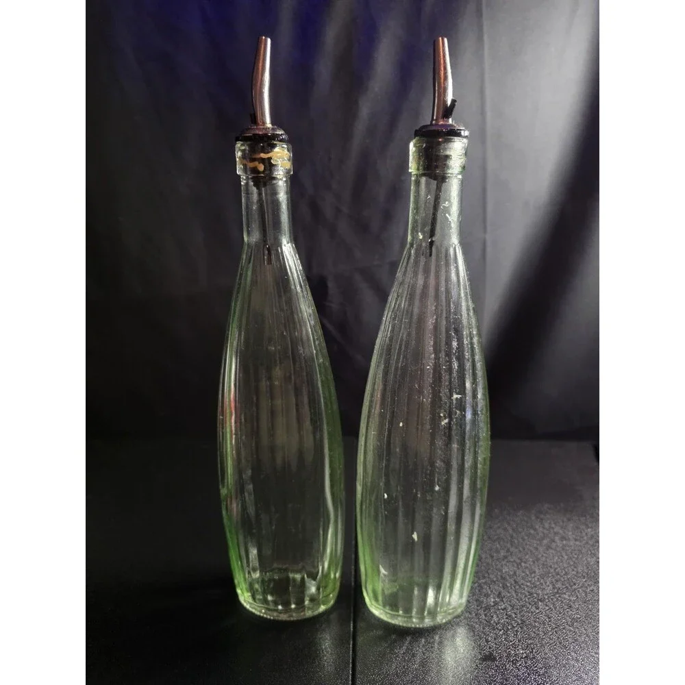 Vintage Green Ribbed Glass Olive Oil & Vinegar Cruet Bottle Set